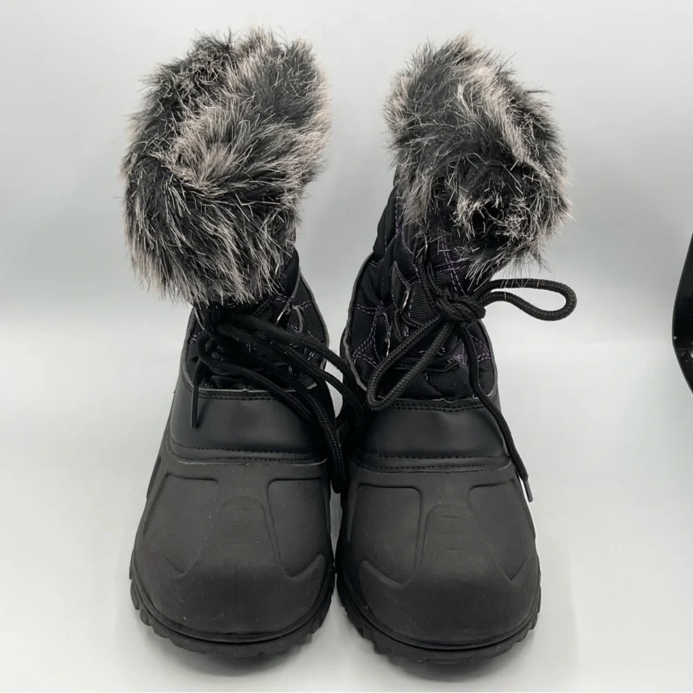 Itasca Snow Boots Size 4 Youth Big Girls Faux Fur Black Purple Stitching Winter